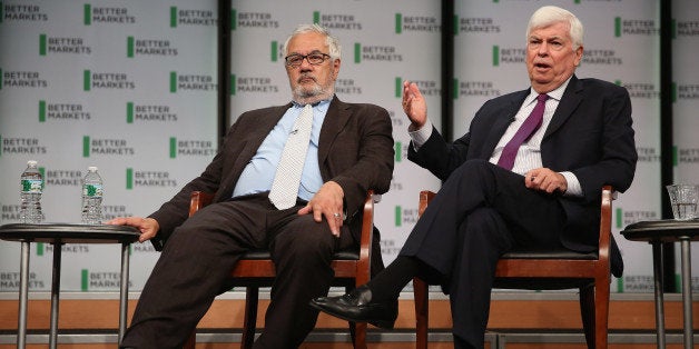 WASHINGTON, DC - JULY 20: Former Rep. Barney Frank (D-MA) (L) and former Sen. Chris Dodd (D-CT) talk about their hallmark and namesake legislation, the Dodd-Frank Wall Street reform law, on the fifth anniversary of the law at the Newseum July 20, 2015 in Washington, DC. The event was hosted by Better Markets, a self-described nonpartisan, independent and nonprofit organization that promotes the public interest in the capital and commodity markets. (Photo by Chip Somodevilla/Getty Images)