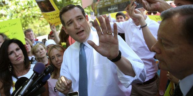 WASHINGTON, DC - JULY 23: Republican presidential candidate, U.S. Sen. Ted Cruz (C) (R-TX) debates members of the protest group Code Pink while speaking during a rally in Lafayette Square July 23, 2015 in Washington, DC. The rally, organized by the Concerned Women for America Legislative Action Committee, was held to protest the recent nuclear deal reached between the United States and Iran but was interrupted by protesters from Code Pink who support the deal. (Photo by Win McNamee/Getty Images)