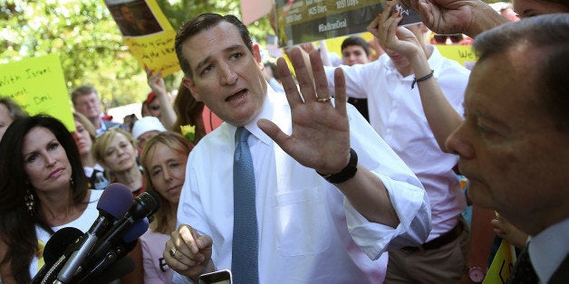 WASHINGTON, DC - JULY 23: Republican presidential candidate, U.S. Sen. Ted Cruz (C) (R-TX) debates members of the protest group Code Pink while speaking during a rally in Lafayette Square July 23, 2015 in Washington, DC. The rally, organized by the Concerned Women for America Legislative Action Committee, was held to protest the recent nuclear deal reached between the United States and Iran but was interrupted by protesters from Code Pink who support the deal. (Photo by Win McNamee/Getty Images)