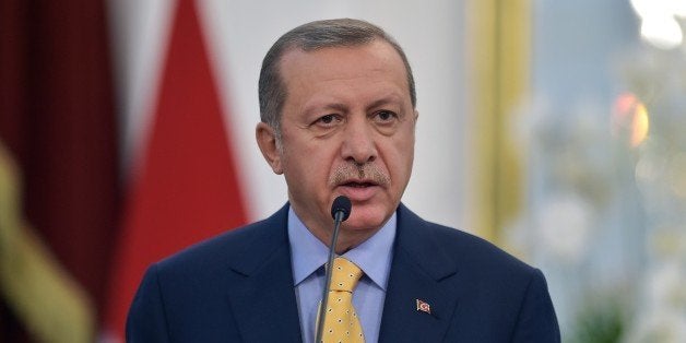 Turkey's President Recep Tayyip Erdogan speaks to journalists during a joint press conference with the Indonesian leader at the presidential palace in Jakarta on July 31, 2015. Erdogan is on a two-day visit to Indonesia. AFP PHOTO / ADEK BERRY (Photo credit should read ADEK BERRY/AFP/Getty Images)