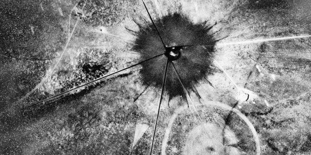 FILE - This July 16, 1945 photo, shows an aerial view after the first atomic explosion at Trinity Test Site, N.M. Thursday,