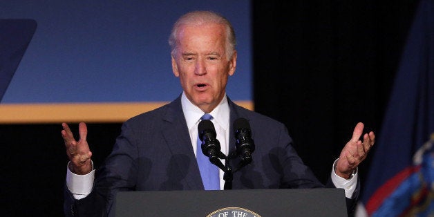 NEW YORK, NY - JULY 27: Vice President Joe Biden speaks at an event attended by New York Gov. Andrew Cuomo to unveil plans for new area infrastructure projects on July 27, 2015 in New York City. The highlight of the event was an announcement that a new LaGuardia airport will be built, with construction starting next year. The new facility will will feature state-of-the-art security, transportation and shopping and dining options. The project is estimated to bring 8,000 new jobs to the area. (Photo by Spencer Platt/Getty Images)