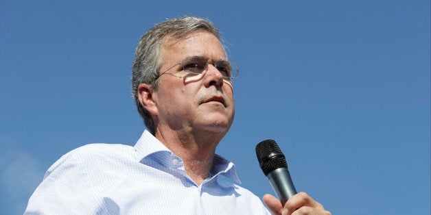 Republican presidential candidate former Florida Gov. Jeb Bush speaks during a visit to the Iowa State Fair, Friday, Aug. 14,
