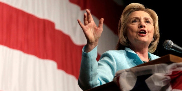 Democratic presidential candidate Hillary Rodham Clinton speaks at the at the Iowa Democratic Wing Ding at the Surf Ballroom Friday, Aug. 14, 2015, in Clear Lake, Iowa. (AP Photo/Charlie Riedel)