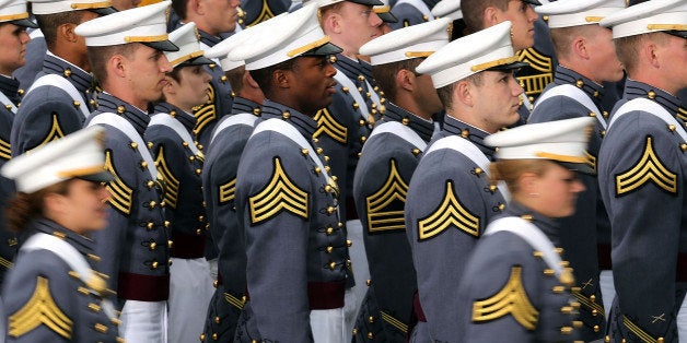 WEST POINT, NY - MAY 28: Cadets enter the stadium at West Point for the graduation ceremony at the U.S. Military Academy on