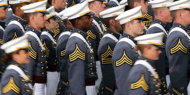 WEST POINT, NY - MAY 28: Cadets enter the stadium at West Point for the graduation ceremony at the U.S. Military Academy on May 28, 2014 in West Point, New York. U.S. President Barack Obama gave the commencement address at the graduation ceremony. In a highly anticipated speech on foreign policy, the President provided details on his plans for winding down America's military commitment in Afghanistan and on future military threats to the United States. Over 1,000 cadets were expected to graduate from the class of 2014 and will be commissioned as second lieutenants in the U.S. Army. (Photo by Spencer Platt/Getty Images)