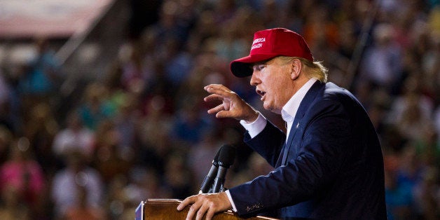 MOBILE, AL- AUGUST 21: Republican presidential candidate Donald Trump speaks during a rally at Ladd-Peebles Stadium on August 21, 2015 in Mobile, Alabama. The Trump campaign moved tonight's rally to a larger stadium to accommodate demand. (Photo by Mark Wallheiser/Getty Images)