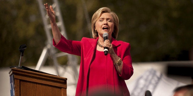 CLEVELAND, OH - AUGUST 27: Democratic presidential candidate and former U.S. Secretary of State Hillary Clinton speaks to guests gathered for a campaign meeting on the campus of Case Western Reserve University on August 27, 2015 in Cleveland, Ohio. Clinton highlighted womens issues during her first official campaign stop in Ohio. (Photo by Jeff Swensen/Getty Images)