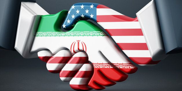 Stylized Iran - USA handshake icon on black surface.