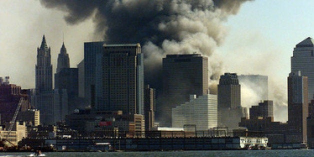 NEW YORK (Sept. 11, 2001) Smoke rises from where the World Trade Centers once stood. USCG photo by PA2 Tom Sperduto.