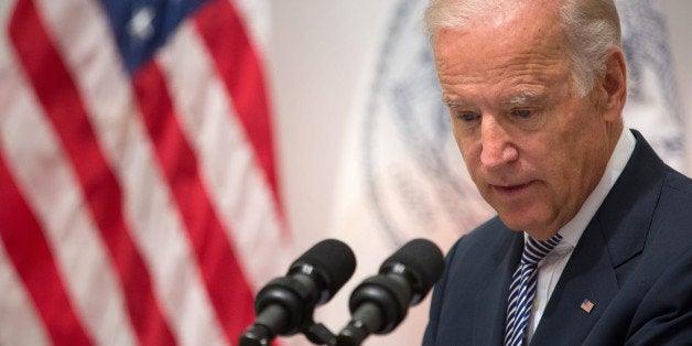 Vice President Joe Biden speaks during a news conference at the Office of the Chief Medical Examiner, Thursday, Sept. 10, 2015, in New York. During the event, Biden, U.S. Attorney General Loretta Lynch, Manhattan District Attorney Cyrus Vance and actress Mariska Hargitay announced almost $80 million in grants to help eliminate a vast nationwide backlog of rape kits. (AP Photo/Kevin Hagen)