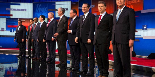 Republican presidential candidates from left, Chris Christie, Marco Rubio, Ben Carson, Scott Walker, Donald Trump, Jeb Bush, Mike Huckabee, Ted Cruz, Rand Paul, and John Kasich take the stage for the first Republican presidential debate at the Quicken Loans Arena Thursday, Aug. 6, 2015, in Cleveland. Republicans are steeling themselves for a long period of deep uncertainty following a raucous first debate of the 2016 campaign for president, with no signs this past weekâs Fox News face-off will winnow their wide-open field of White House hopefuls anytime soon. (AP Photo/John Minchillo)