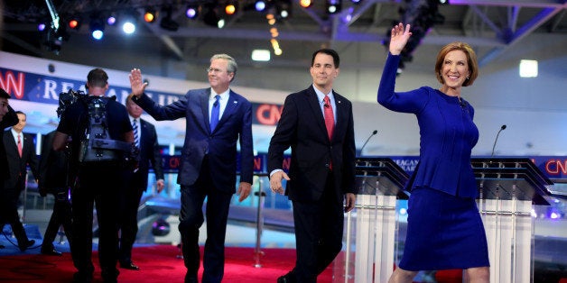 SIMI VALLEY, CA-SEPTEMBER. 16: Republican presidential candidates (R-L) Carly Fiorina, Wisconsin Gov. Scott Walker and Jeb B