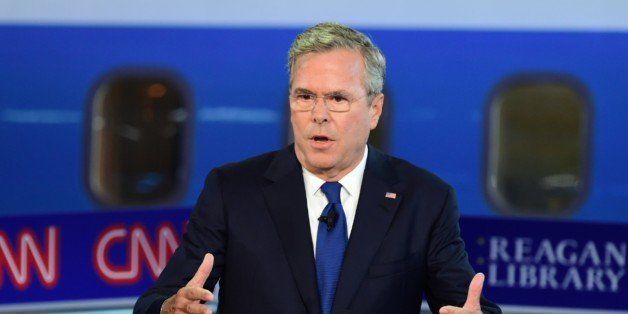 Republican presidential hopeful Jeb Bush speaks during the Republican Presidential Debate at the Ronald Reagan Presidential Library in Simi Valley, California, September 16, 2015. Republican presidential candidates collectively turned their sights on frontrunner Donald Trump at the party's second debate, taking aim at his lack of political experience and his sometimes abrasive style. AFP PHOTO / FREDERIC J BROWN (Photo credit should read FREDERIC J BROWN/AFP/Getty Images)
