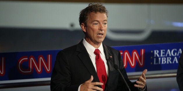 SIMI VALLEY, CA-SEPTEMBER. 16: Republican presidential candidate Rand Paul take part in the presidential debates at the Reagan Library on September 16, 2015 in Simi Valley, California. Fifteen Republican presidential candidates are participating in the second set of Republican presidential debates. (Photo by Justin Sullivan/Getty Images)