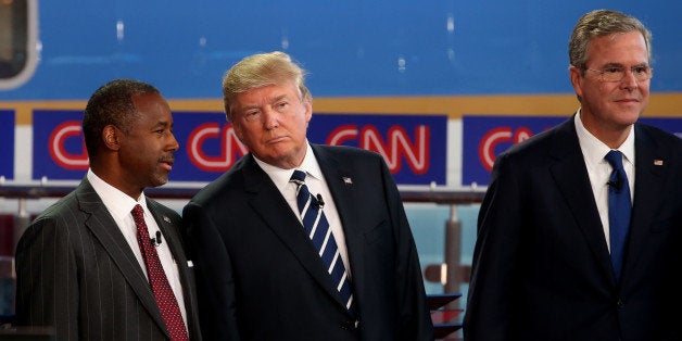 SIMI VALLEY, CA - SEPTEMBER 16: Republican presidential candidates, U.S. Sen. Ted Cruz (R-TX), Ben Carson, Donald Trump and Jeb Bush take part in the presidential debates at the Reagan Library on September 16, 2015 in Simi Valley, California. Fifteen Republican presidential candidates are participating in the second set of Republican presidential debates. (Photo by Justin Sullivan/Getty Images)