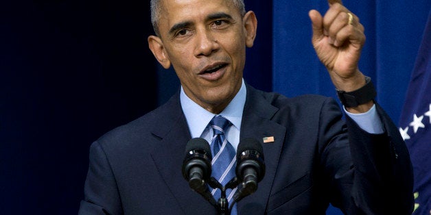 FILE - In this Aug. 6, 2015 file photo, President Barack Obama speaks in the South Court Auditorium in the Eisenhower Executi