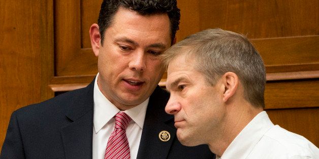 House Oversight and Government Reform Committee Chairman Rep. Jason Chaffetz, R-Utah, left, speaks with committee member Rep. Jim Jordan, R-Ohio, on Capitol Hill Washington, Tuesday, Sept. 29, 2015, during the committee's hearing on "Planned Parenthood's Taxpayer Funding." (AP Photo/Jacquelyn Martin)