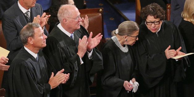WASHINGTON, DC - SEPTEMBER 24: (L-R) U.S. Supreme Court Chief Justice John Roberts and Associate Justices Anthony Kennedy, Ruth Bader Ginsburg and Sonia Sotomayor appluad at the conclusion of Pope Francis' address to a joint session of Congress in the House Chamber of the U.S. Capitol September 24, 2015 in Washington, DC. Pope Francis is the first pope to address a joint meeting of Congress and will finish his tour of Washington later today before traveling to New York City. (Photo by Chip Somodevilla/Getty Images)
