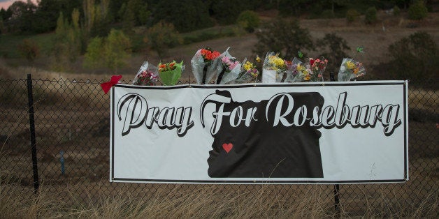 ROSEBURG, OR - OCTOBER 02: A sign sits along the road to Umpqua Community College on October 2, 2015 in Roseburg, Oregon. Yesterday 26-year-old Chris Harper Mercer went on a shooting rampage on the campus killing nine people and wounding seven others before he was killed. (Photo by Scott Olson/Getty Images)