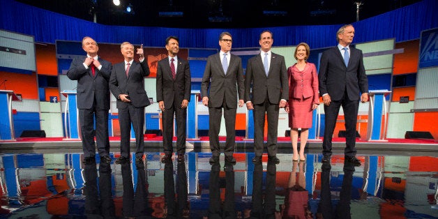 Republican presidential candidates from left, Jim Gilmore, Lindsey Graham, Bobby Jindal, Rick Perry, Rick Santorum, Carly Fio