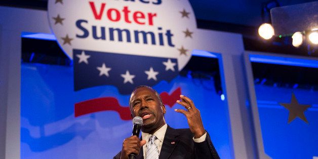 Ben Carson, 2016 Republican presidential candidate, speaks during the Values Voter Summit in Washington, D.C., U.S., on Friday, Sept. 25, 2015. The annual event, organized by the Family Research Council, gives presidential contenders a chance to address a conservative Christian audience in the crowded Republican primary contest. Photographer: Drew Angerer/Bloomberg via Getty Images 