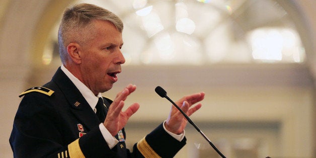 Major General Todd Semonite, Comanding General of Combined Security Transition Command - Afghanistan talks during tan investment meeting on Afghanistan's military airfields on Wednesday, Sept. 30, 2015, in Dubai, United Arab Emirates. Afghan and U.S. officials are pitching private investors on the idea of doing business in the countryâs many military airfields ahead of a planned foreign troop withdrawal, even as the Taliban insurgency rages on. (AP Photo/Kamran Jebreili)