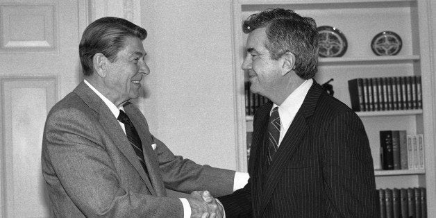 FILE - In this Feb. 27, 1985 file photo, President Ronald Reagan bids farewell to Jerry Parr, the Secret Service agent that he credited with saving his life during an assassination attempt on March 30, 1981. Parr retired after 22 years with the elite unit of bodyguards. Parr of Washington, D.C., died Friday at the age of 85. (AP Photo/Barry Thumma)