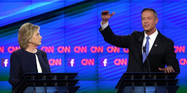 LAS VEGAS, NV - OCTOBER 13: Democratic presidential candidates Hillary Clinton (L) and Martin O'Malley take part in a presidential debate sponsored by CNN and Facebook at Wynn Las Vegas on October 13, 2015 in Las Vegas, Nevada. Five Democratic presidential candidates are participating in the party's first presidential debate. (Photo by Joe Raedle/Getty Images)