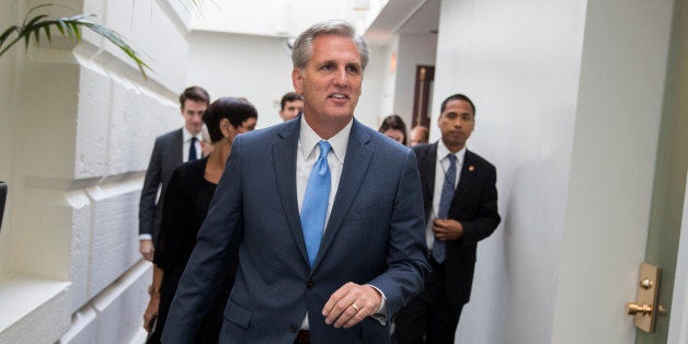 House Majority Leader Kevin McCarthy of Calif., leaves a meeting on Capitol Hill in Washington, Thursday, Oct. 8, 2015, ahead of a nomination vote to replace House Speaker John Boehner, who is stepping down, and retiring from Congress, at the end of the month, after nearly five years in the role. (AP Photo/Evan Vucci)