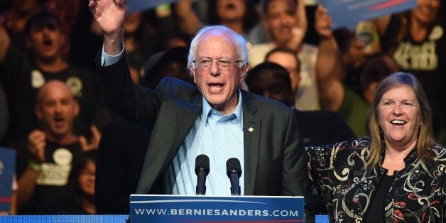Democratic presidential candidate Bernie Sanders addresses his supporters during a fundraising event at the historic Avalon Theater in Hollywood, California on October 14, 2015. AFP PHOTO / MARK RALSTON (Photo credit should read MARK RALSTON/AFP/Getty Images)