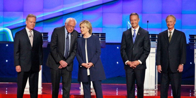 Democratic presidential candidates from left, former Virginia Sen. Jim Webb, Sen. Bernie Sanders, I-Vt., Hillary Rodham Clint