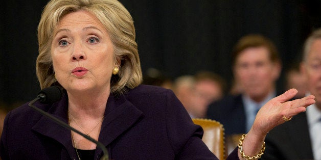 Democratic presidential candidate and former Secretary of State Hillary Rodham Clinton, speaks final hour of a marathon testimony on Capitol Hill in Washington, Thursday, Oct. 22, 2015, before the House Select Committee on Benghazi. (AP Photo/Jacquelyn Martin)