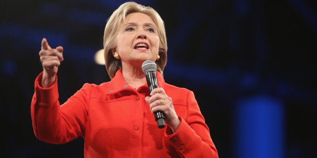 DES MOINES, IA - OCTOBER 24: Democratic presidential candidate Hillary Clinton speaks to guests at the Jefferson-Jackson Dinner on October 24, 2015 in Des Moines, Iowa. The dinner is a major fundraiser for Iowa's Democratic Party. (Photo by Scott Olson/Getty Images)