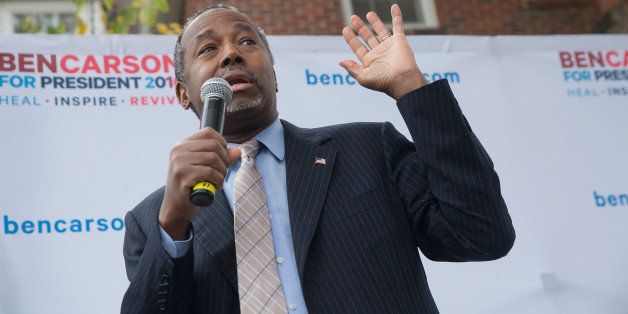 AMES, IA - OCTOBER 24: Republican presidential candidate Ben Carson speaks outside the Alpha Gamma Rho house during a campaign stop at Iowa State University on October 24, 2015 in Ames, Iowa. A recent poll indicates that Carson has surged past Donald Trump to lead the race for the Republican presidential nomination in Iowa. (Photo by Scott Olson/Getty Images)