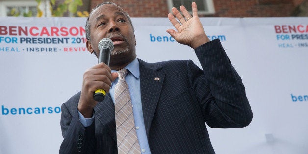 AMES, IA - OCTOBER 24: Republican presidential candidate Ben Carson speaks outside the Alpha Gamma Rho house during a campai