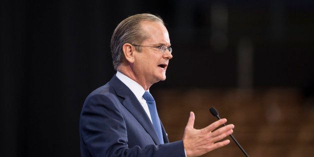 MANCHESTER, NH - SEPTEMBER 19: Democratic presidential candidate Lawrence Lessig speaks on stage at the New Hampshire Democratic Party State Convention on September 19, 2015 in Manchester, New Hampshire. Five Democratic presidential candidates are all expected to address the crowd inside the Verizon Wireless Arena. (Photo by Scott Eisen/Getty Images)