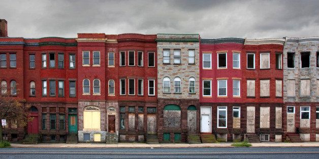 Group of vacant houses in Baltimore, Maryland. Poverty, urban decay, blight, crime, renewal.