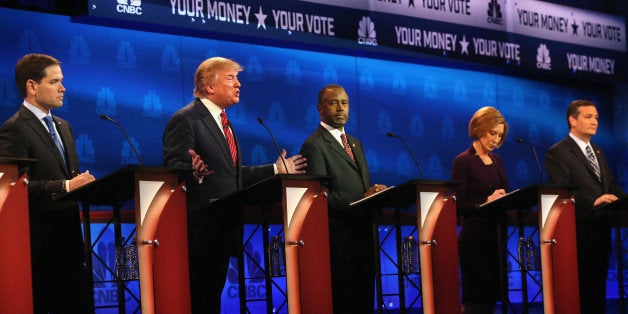 BOULDER, CO - OCTOBER 28: Presidential candidates Donald Trump (2nd L) speaks while Sen. Marco Rubio (L-R) (R-FL), Ben Carson, Carly Fiorina, Sen. Ted Cruz (R-TX) look on during the CNBC Republican Presidential Debate at University of Colorados Coors Events Center October 28, 2015 in Boulder, Colorado. Fourteen Republican presidential candidates are participating in the third set of Republican presidential debates. (Photo by Justin Sullivan/Getty Images)