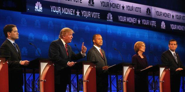 BOULDER, CO - OCTOBER 28: Presidential candidates Donald Trump (2nd L) speaks while Sen. Marco Rubio (L-R) (R-FL), Ben Carson, Carly Fiorina, Sen. Ted Cruz (R-TX) look on during the CNBC Republican Presidential Debate at University of Colorados Coors Events Center October 28, 2015 in Boulder, Colorado. Fourteen Republican presidential candidates are participating in the third set of Republican presidential debates. (Photo by Justin Sullivan/Getty Images)
