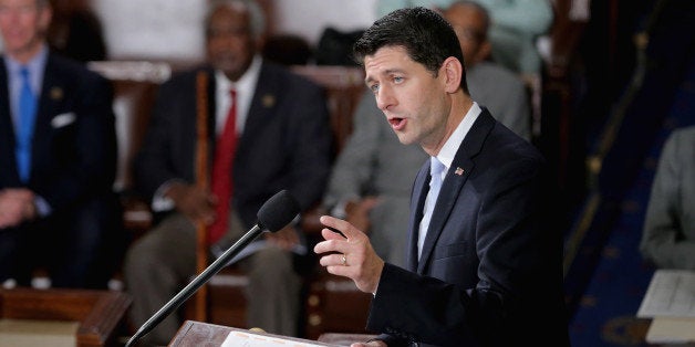 WASHINGTON, DC - OCTOBER 29: Speaker-elect of the House Paul Ryan (R-WI) delivers remarks before being sworn in on the floor