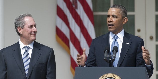 US President Barack Obama announces his nominee for US Trade Representative, Mike Froman, during an event in the Rose Garden