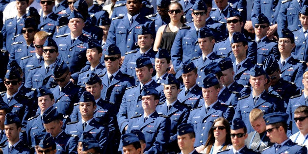 Cadets stand during the commencement ceremony at the United States Air Force Academy in Colorado Springs on Wednesday, May 23