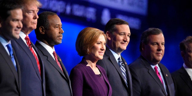 Republican presidential candidates, from left, Marco Rubio, Donald Trump, Ben Carson, Carly Fiorina, Ted Cruz, and Chris Chri