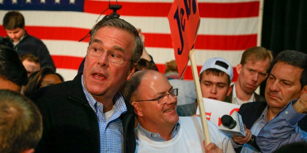 Republican presidential candidate, former Florida Gov. Jeb Bush mingles with supporters after speaking at the Iowa GOP's Growth and Opportunity Party at the Iowa state fair grounds in Des Moines, Iowa, Saturday, Oct. 31, 2015. (AP Photo/Nati Harnik)