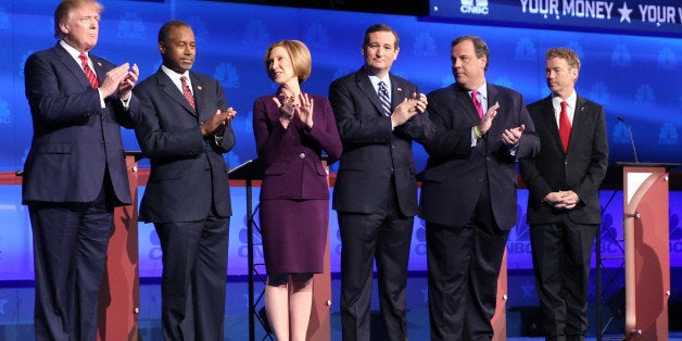 CNBC EVENTS -- The Republican Presidential Debate: Your Money, Your Vote -- Pictured: (l-r) Donald Trump, Ben Carson, Carly Fiorina, Ted Cruz, Chris Christie and Rand Paul during CNBC's 'Your Money, Your Vote: The Republican Presidential Debate' live from the University of Colorado Boulder in Boulder, Colorado Wednesday, October 28th at 6PM ET / 8PM ET -- (Photo by: David A. Grogan/CNBC/NBCU Photo Bank via Getty Images)