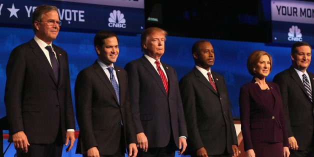 BOULDER, CO - OCTOBER 28: Presidential candidates Jeb Bush (L-R), Sen. Marco Rubio (R-FL), Donald Trump, Ben Carson, Carly Fiorina, Ted Cruz (R-TX), take the stage at the CNBC Republican Presidential Debate at University of Colorados Coors Events Center October 28, 2015 in Boulder, Colorado. Fourteen Republican presidential candidates are participating in the third set of Republican presidential debates. (Photo by Justin Sullivan/Getty Images)