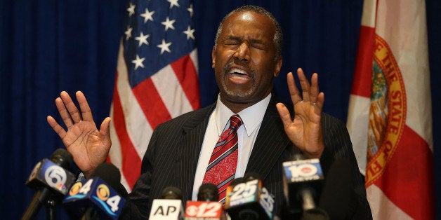 PALM BEACH GARDENS, FL - NOVEMBER 06: Republican presidential candidate Ben Carson speaks to the media before speaking at a gala for the Black Republican Caucus of South Florida at PGA National Resort on November 6, 2015 in Palm Beach, Florida. Mr. Carson has come under media scrutiny for possibly exaggerating his background and other statements he has made recently. (Photo by Joe Raedle/Getty Images)