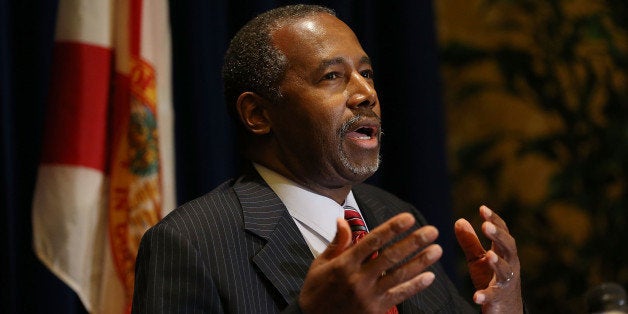 PALM BEACH GARDENS, FL - NOVEMBER 06: Republican presidential candidate Ben Carson speaks to the media before attending a gala for the Black Republican Caucus of South Florida at PGA National Resort on November 6, 2015 in Palm Beach, Florida. Carson has come under media scrutiny for possibly exaggerating his background and other statements he has made recently. (Photo by Joe Raedle/Getty Images)