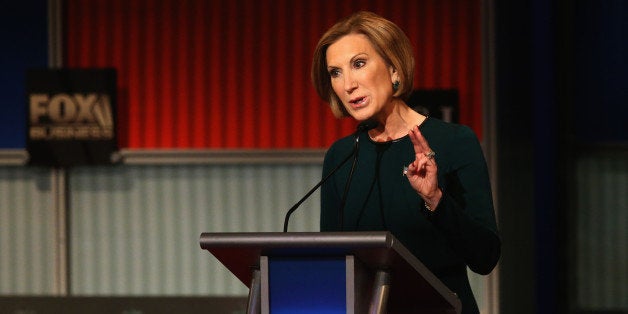 MILWAUKEE, WI - NOVEMBER 10: Republican presidential candidate Carly Fiorina speaks during the Republican Presidential Debate sponsored by Fox Business and the Wall Street Journal at the Milwaukee Theatre November 10, 2015 in Milwaukee, Wisconsin. The fourth Republican debate is held in two parts, one main debate for the top eight candidates, and another for four other candidates lower in the current polls. (Photo by Scott Olson/Getty Images)